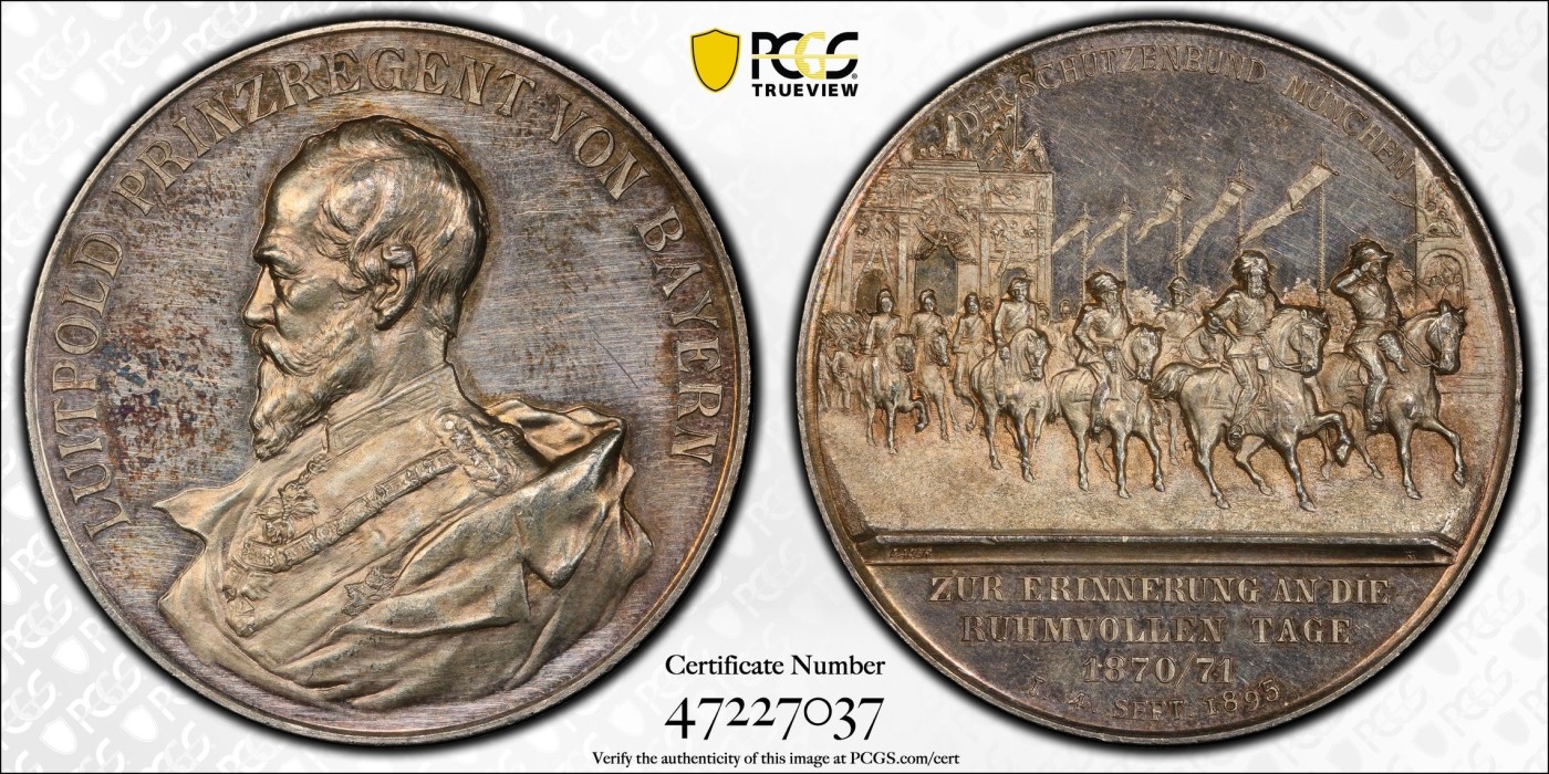 凡希万国世界钱币年度大拍第二季 罕！PCGS SP61 1895年德国巴伐利亚纪念普法战争胜利25周年 1871年时任巴伐利亚军队统帅的摄政王利奥波德亲王凯旋而归大银章 高浮雕名誉品种 43MM