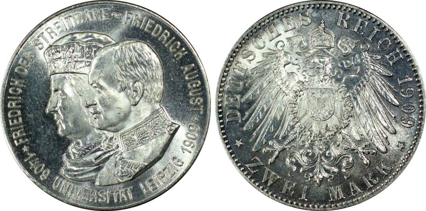 凡希万国世界钱币年度大拍第二季 PCGS MS64 1909年德国萨克森大学莱比锡纪念2马克