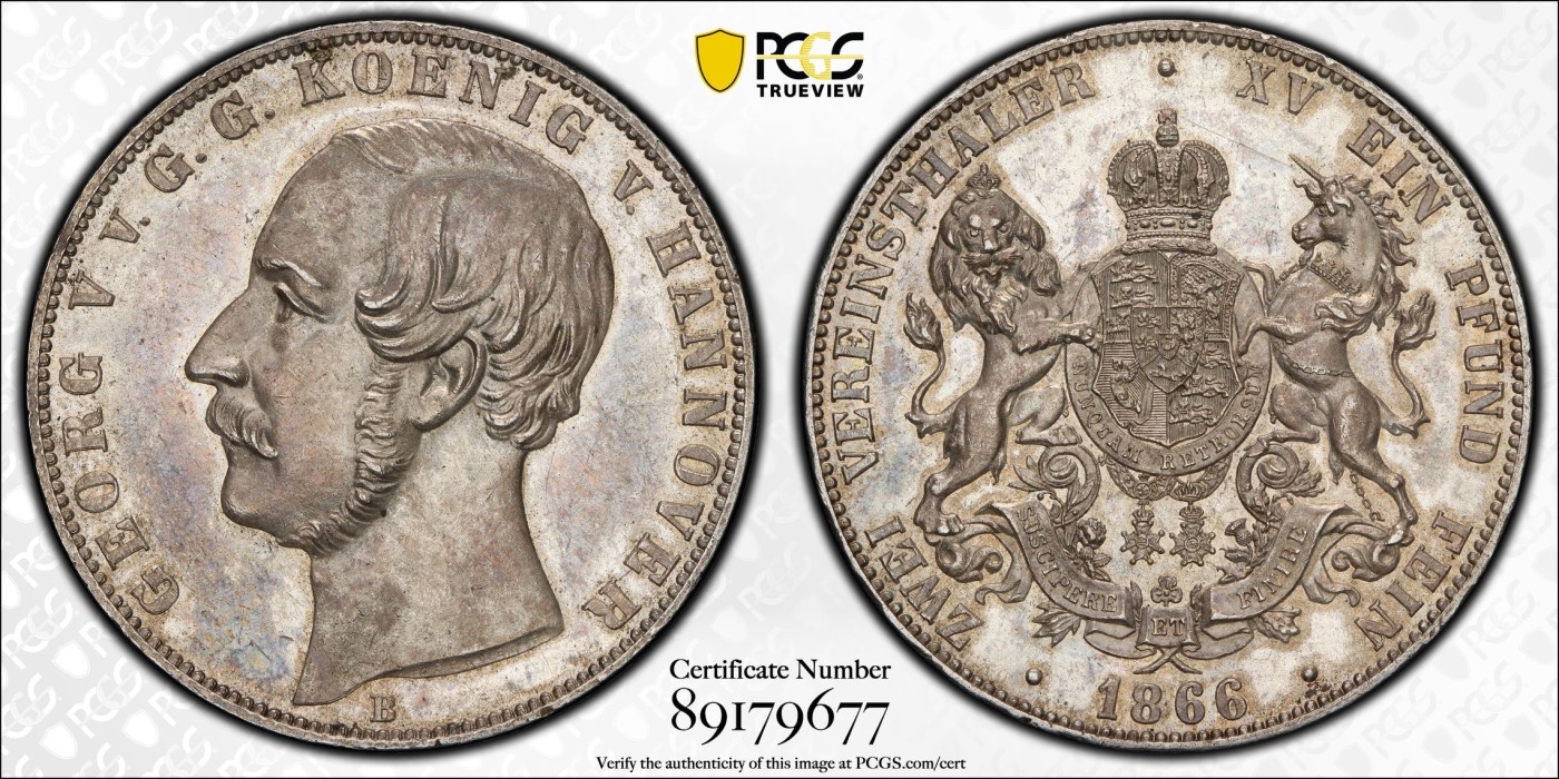 凡希万国世界钱币年度大拍第二季 PCGS MS62 1866年德国汉诺威末年狮马纹章流通2泰勒 汉诺威最后的2泰勒 原味转光五彩 是2泰勒收藏中不可或缺的重要品种