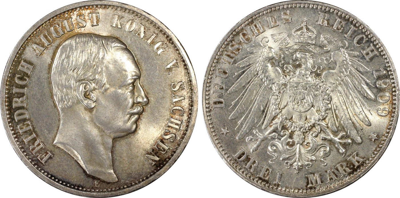 凡希万国世界钱币年度大拍第二季 PCGS MS64 1909年德国萨克森流通3马克 高分十字转光