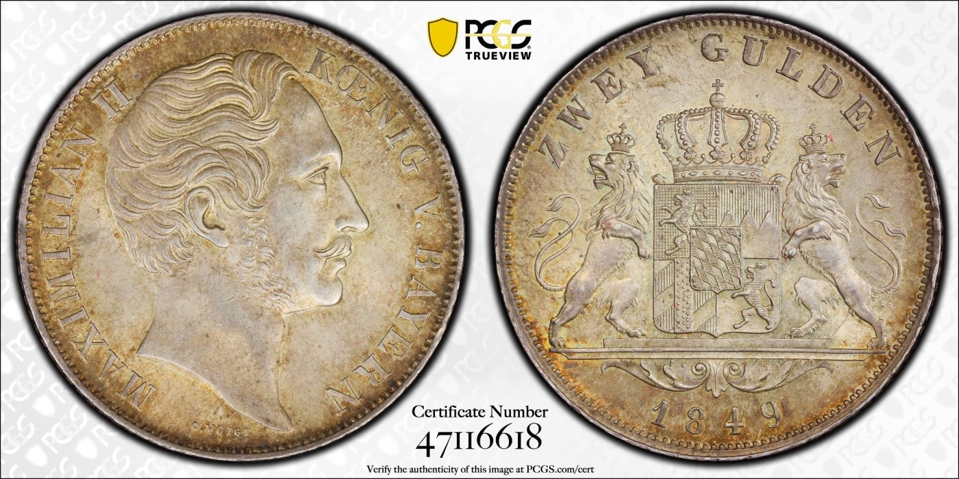 凡希万国世界钱币年度大拍第二季 PCGS MS62 1849年德国巴伐利亚马克西米利安二世双狮盾徽流通2古尔登 非常舒适的原味黄油光