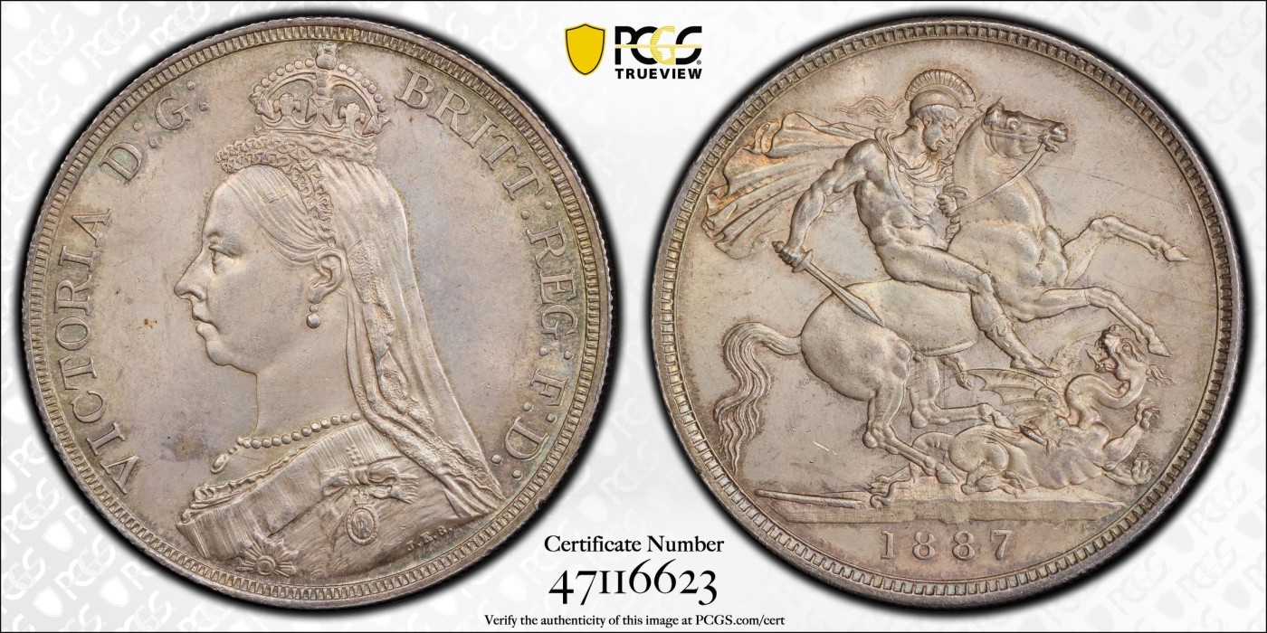 凡希万国世界钱币年度大拍第二季 PCGS MS62 1887年英国维多利亚马剑克朗大银 淡雅环彩