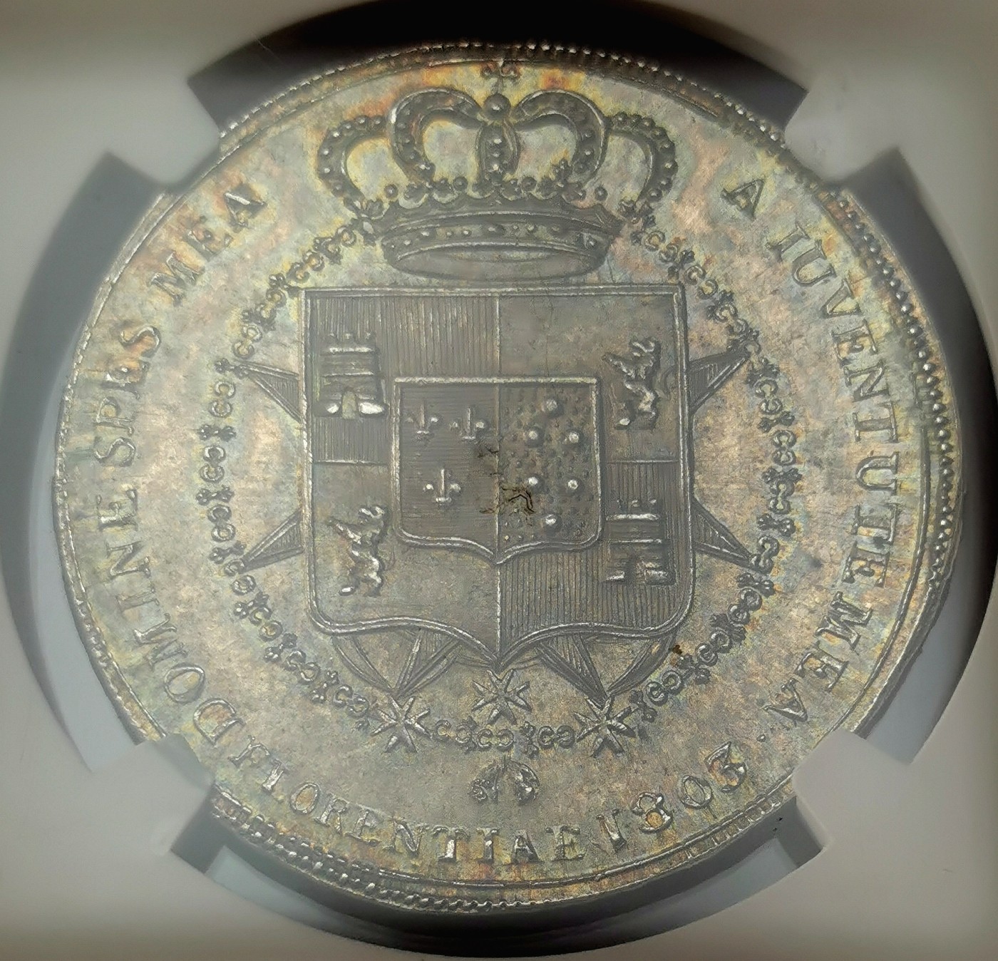 凡希万国世界钱币年度大拍第二季 荐！NGC MS62 1803托斯卡纳母与子5里拉 迷人的青绿包浆，同分里的状态天花板！