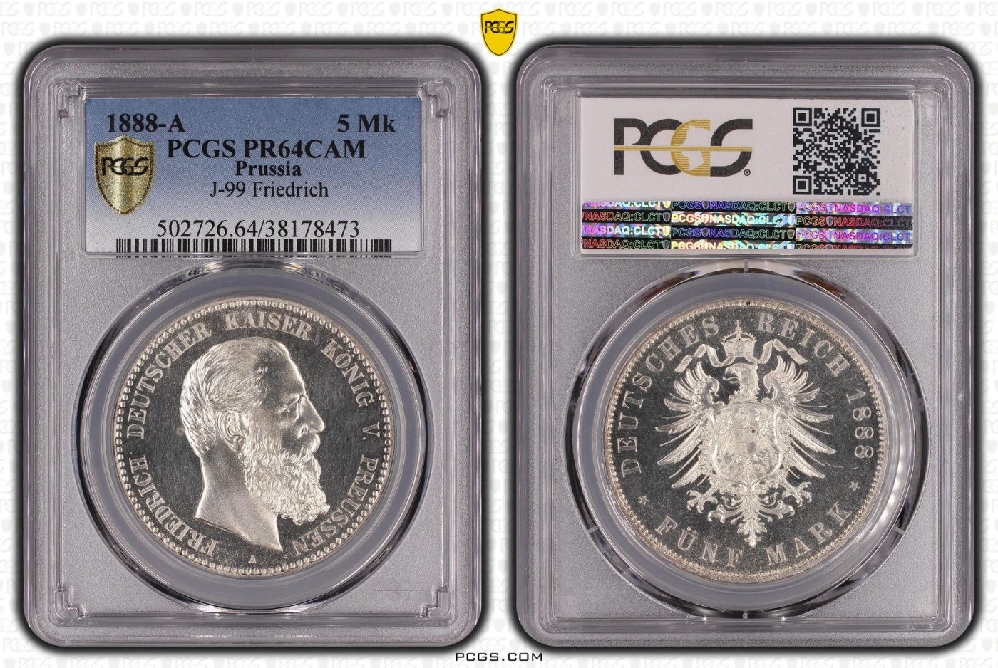 凡希万国世界钱币年度大拍第二季 荐！PCGS PR64CAM 1888年德国普鲁士腓特烈三世5马克 超绝精致镜面 人像与短翅高点的凝霜感极其突出 底板的平整与镜面感发出黝黑的深邃感 马克名誉品种中难度不小的终身典藏品质