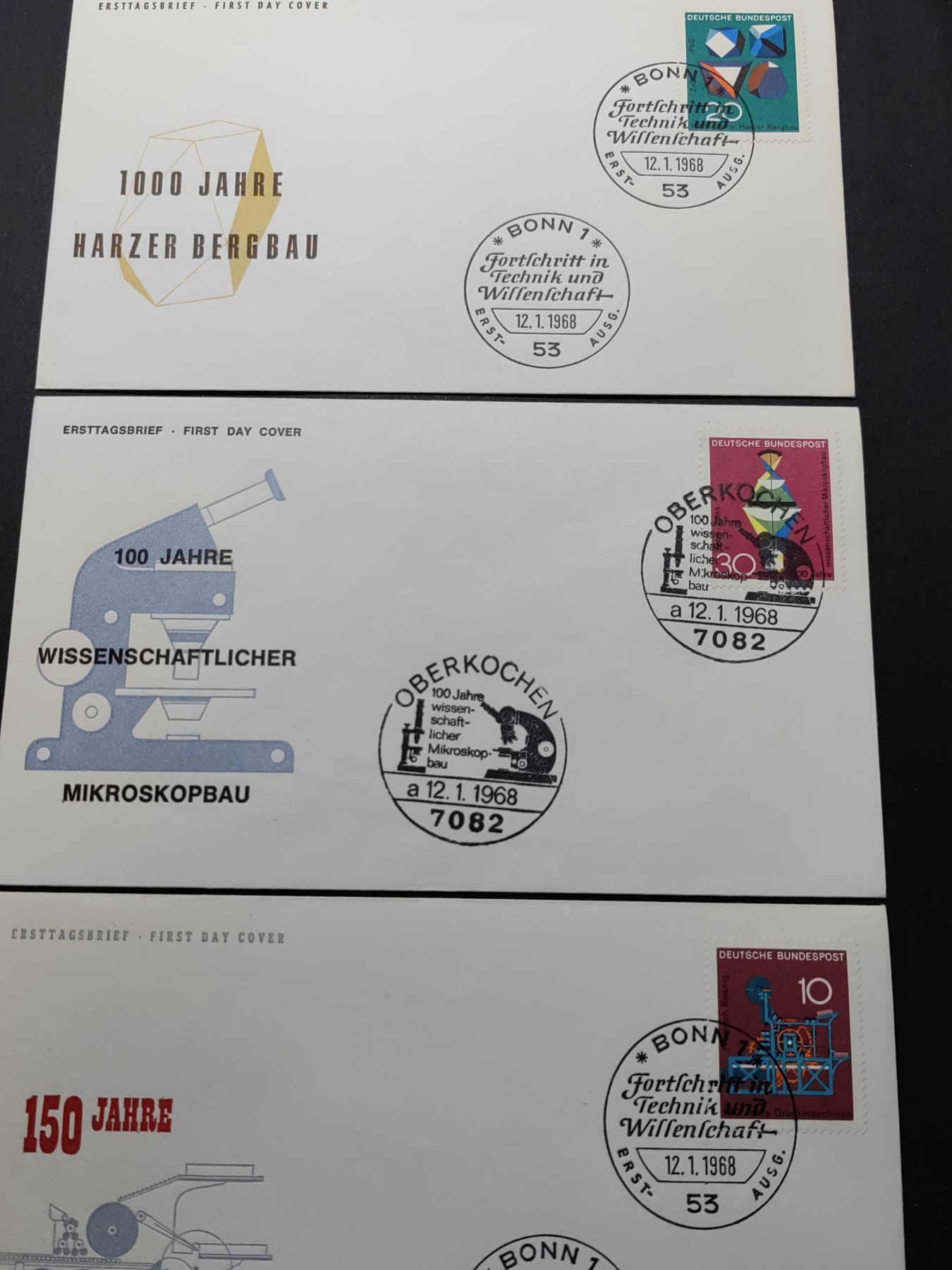 精选多國邮品🔥🔥🔥（拍卖场）放漏专场 第④①场 西德1968年科技进步 印刷开矿石显微镜3全