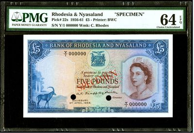 【Blue Auction】✨世界纸币精拍第412期【精】 - 【唯一冠军分罕见 首个日期首个冠号Y/1】罗德西亚和尼亚萨兰1956年5镑 PMG64EPQ原票 大冠女王 BWC出品雕刻精美 样钞 主图完整清新秀丽 背面非洲最大瀑布——维多利亚瀑布 老壳子 目录价2500美金