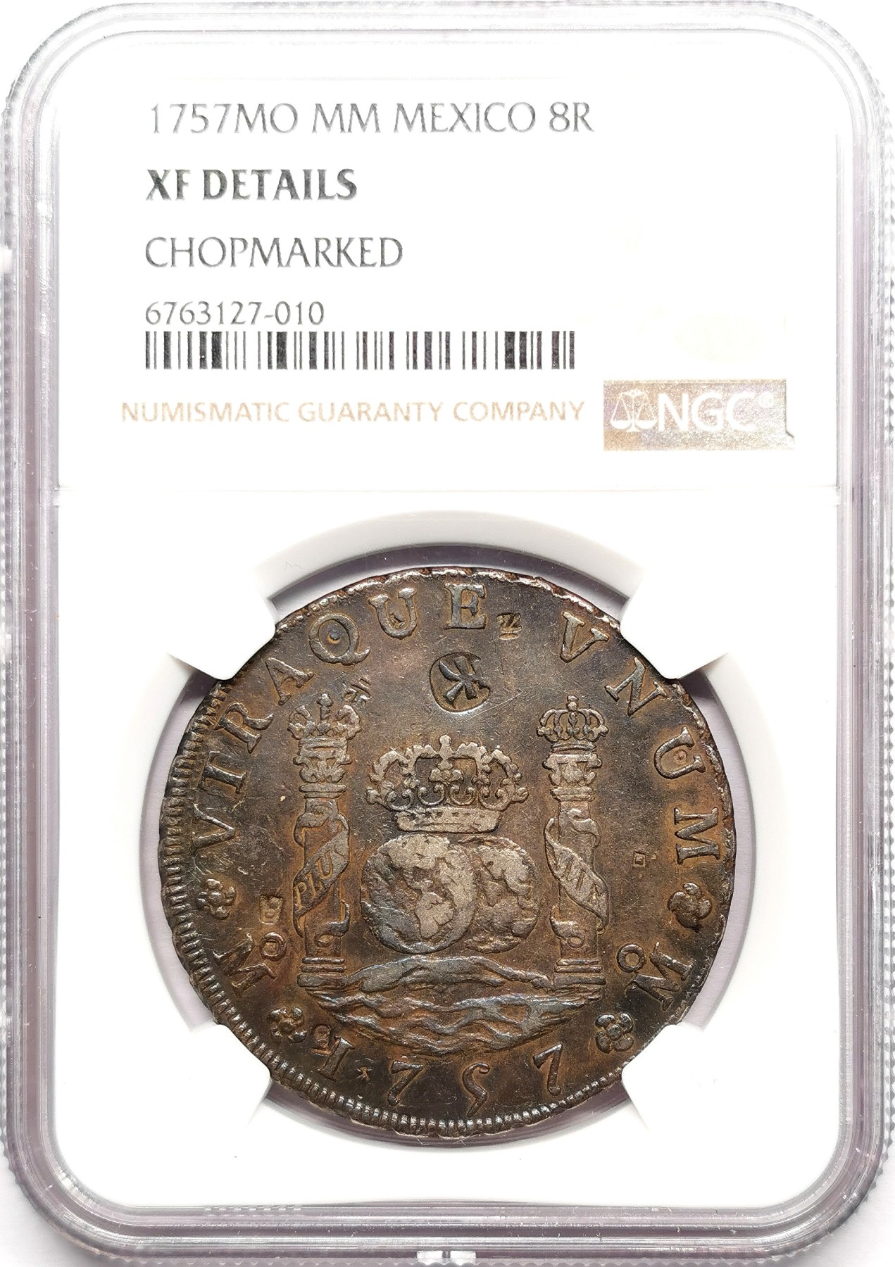 凡希万国世界钱币年度大拍第二季 NGC XFD 1757年西属墨西哥地球8R 熟美五彩包浆 “天”字戳正中 状态不错的在华流通系列