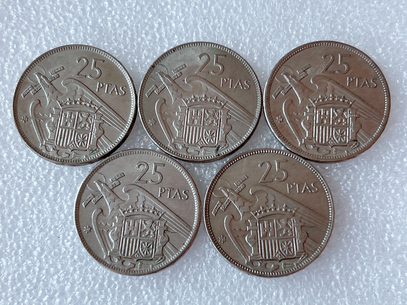 全场一元起拍 世界散币、银币专场 第51期 西班牙1957年25比塞塔镍币硬币 5枚