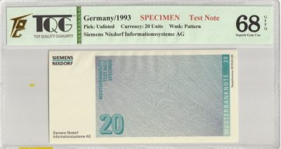 第22拍卖--英联邦领土硬币、精制银币、纪念币，纸钞 - Germany 1993 20 Siemens Nixdorf Test note, This specimen money was issued by the Nixdorf automatic cash dispenser.