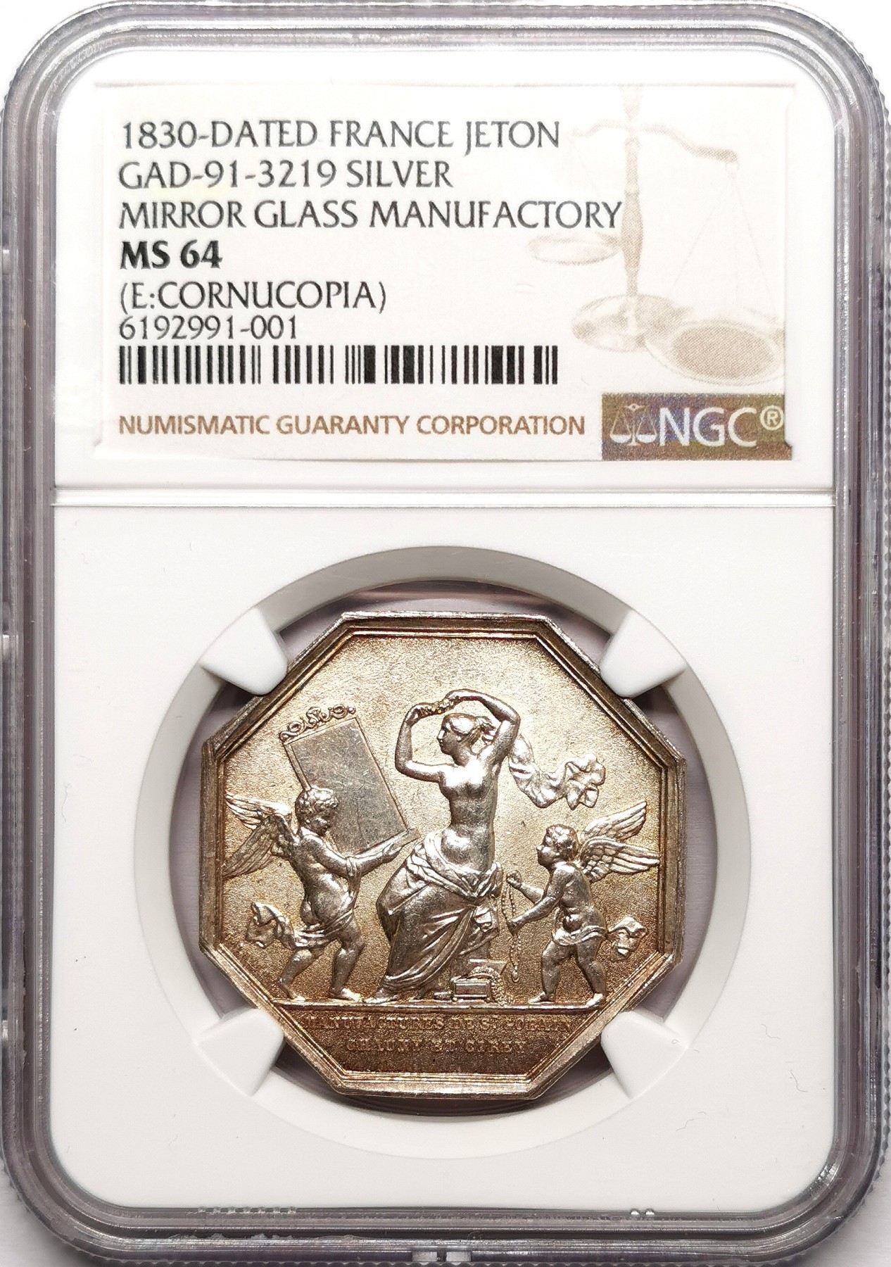 凡希万国世界钱币年度大拍第二季 NGC MS64 1830法国皇家镜子作坊八角银章 磨砂底板人物镜面 实物是经手同品种里最漂亮的一枚！