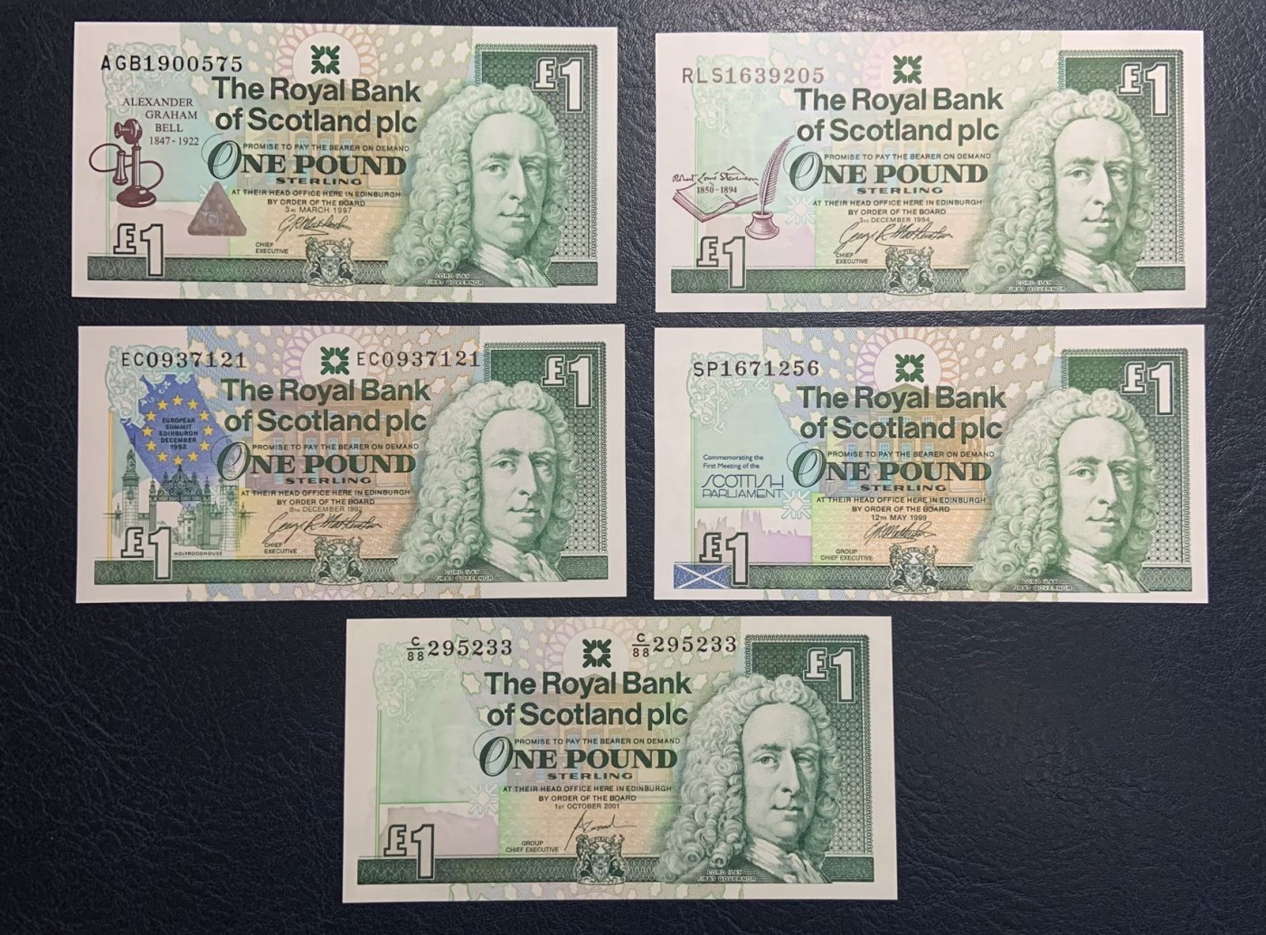 收藏联盟Quantum Auction 第315期拍卖  苏格兰皇家银行1992-99年1镑纪念钞和2001年1镑 品相全新UNC