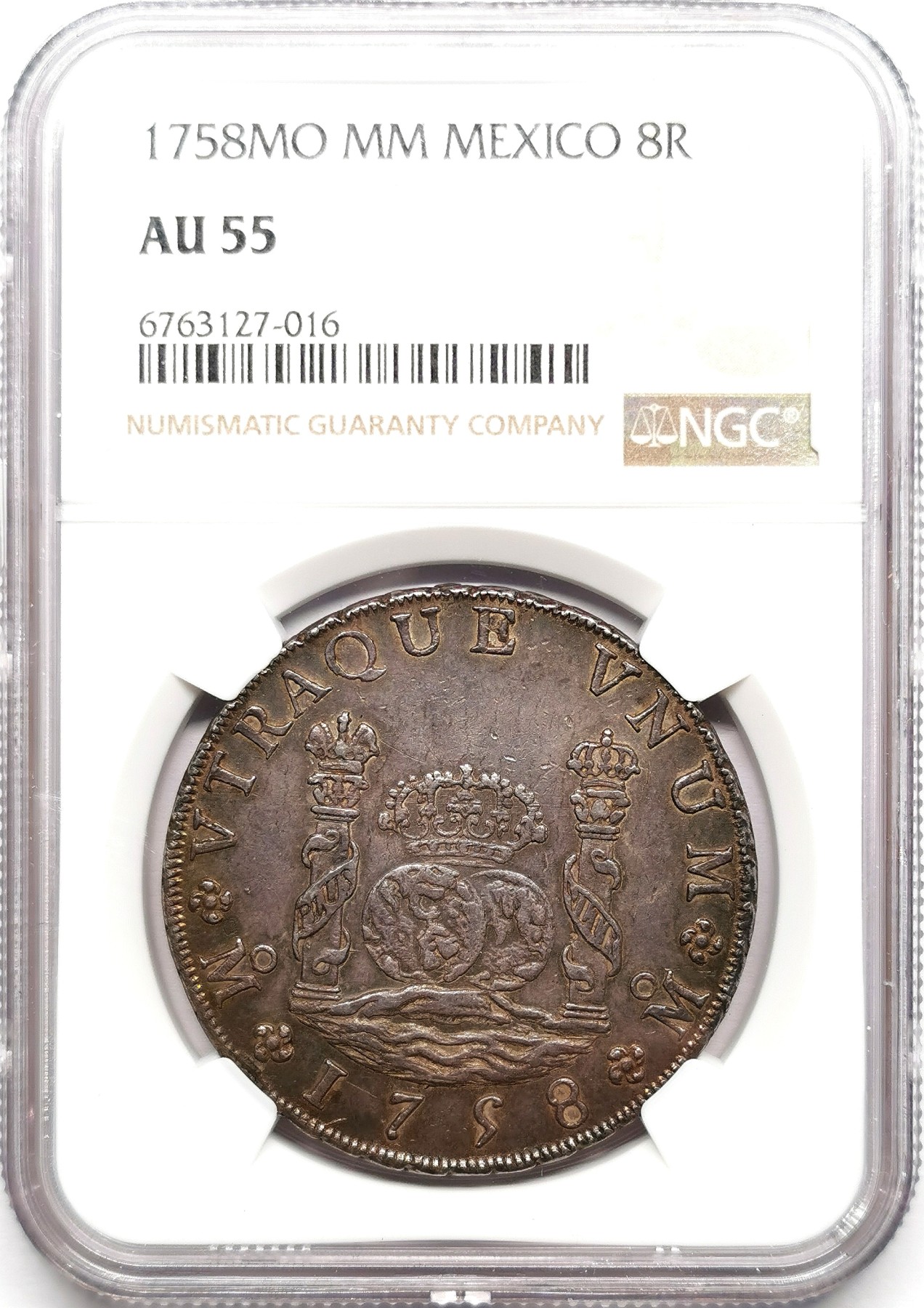 凡希万国世界钱币年度大拍第二季 NGC AU55 1758西属墨西哥地球8R 原NGC58（详见第三图）砸盒降一分较为无语 熟美酱彩包浆底板很舒服
