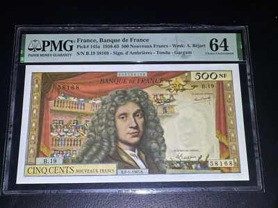 【Blue Auction】✨世界纸币精拍第412期【精】 -  【无47】法国 1965年500新法郎 戏剧家莫里哀 设计精美 PMG64 