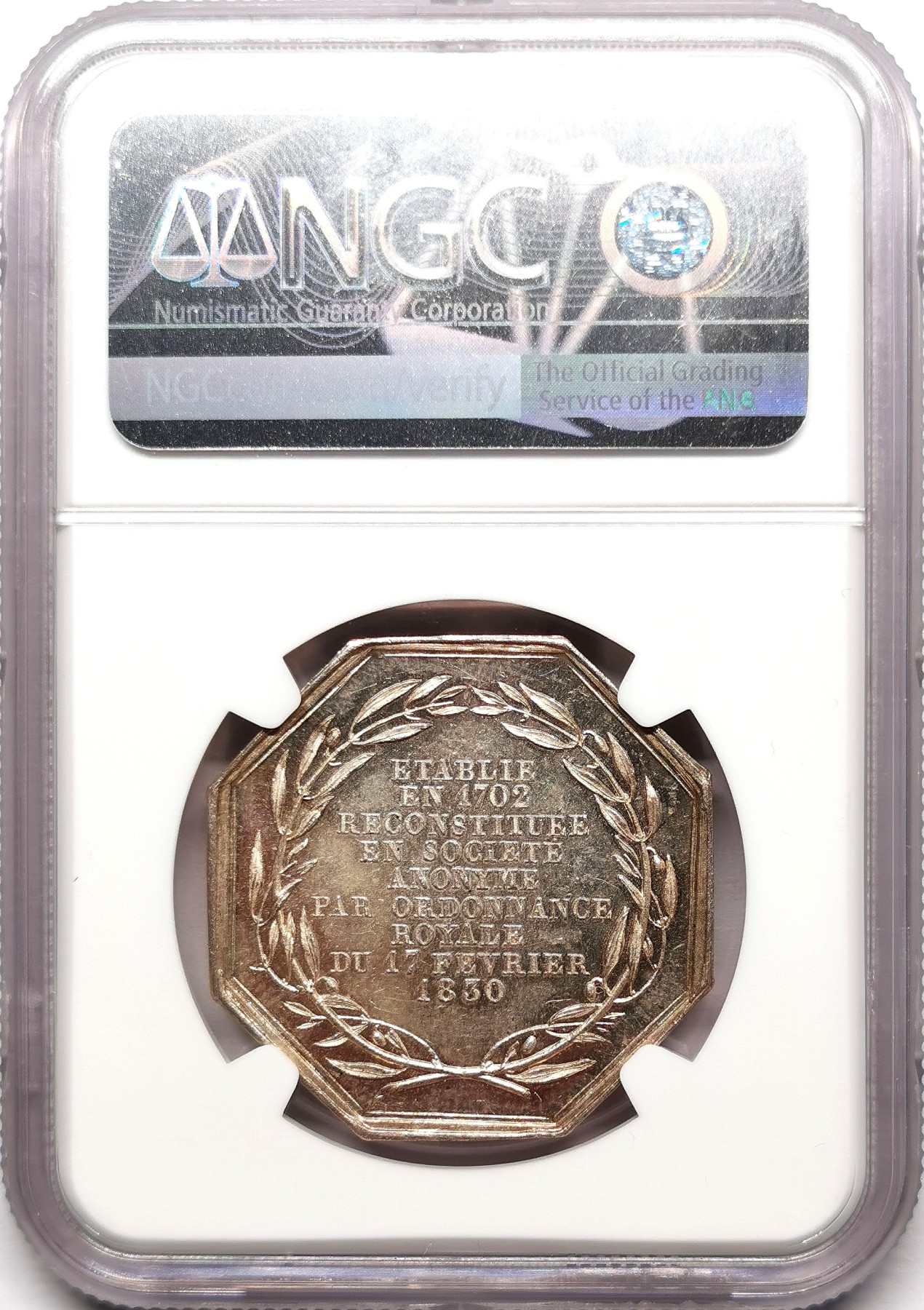 凡希万国世界钱币年度大拍第二季 NGC MS64 1830法国皇家镜子作坊八角银章 磨砂底板人物镜面 实物是经手同品种里最漂亮的一枚！