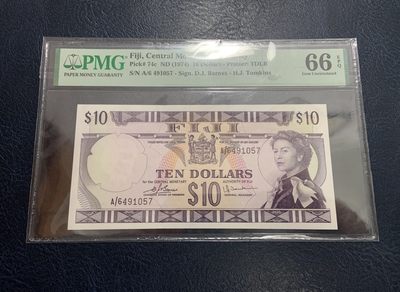 收藏联盟Quantum Auction 第315期拍卖  - 斐济1974年10元 PMG66 戎装女王 稀少次高面值 仅2张更高分