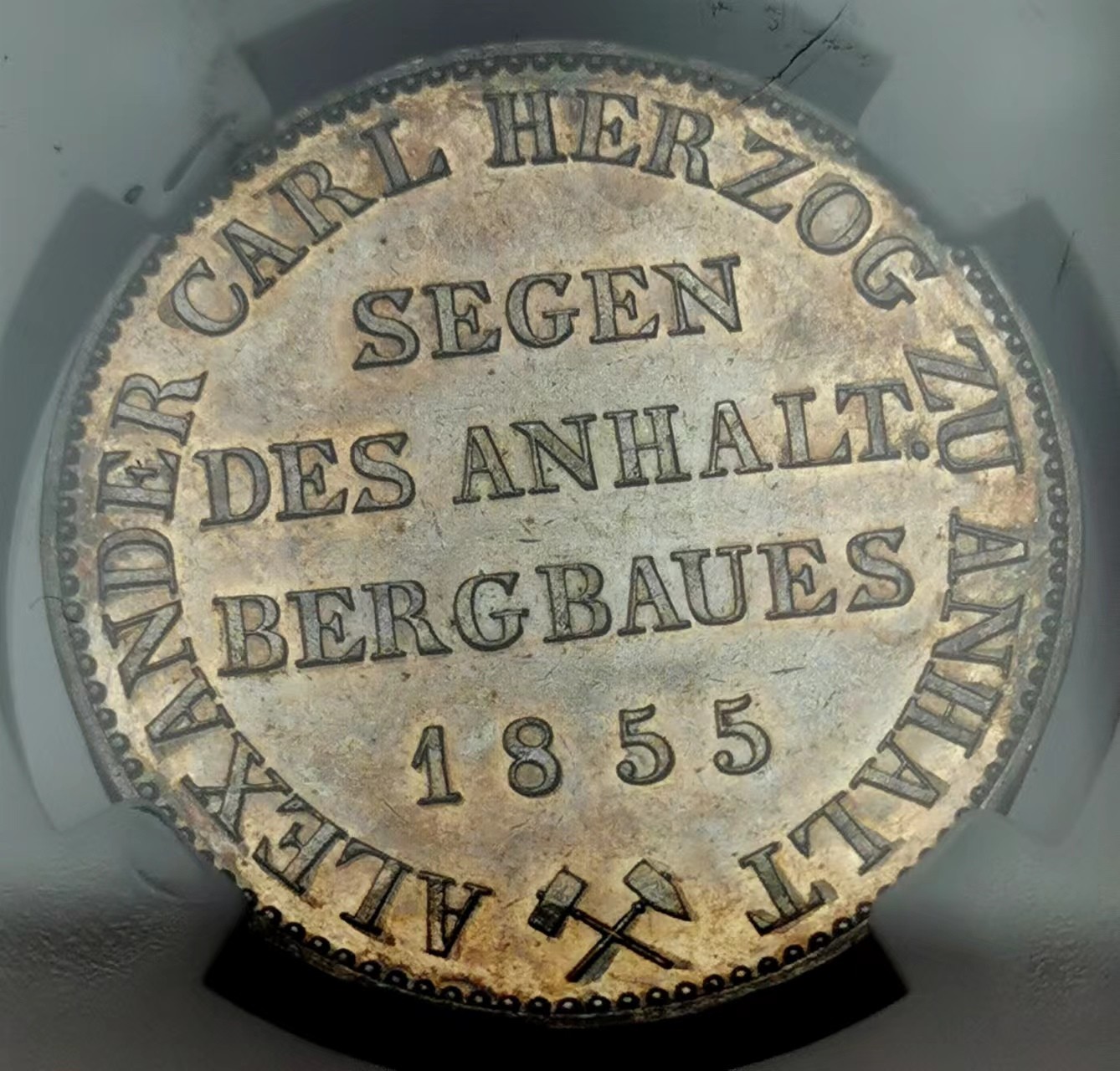 凡希万国世界钱币年度大拍第二季 NGC MS62 1855年德国安哈特-贝恩堡流通1泰勒 经典的矿业祈祷协议泰勒原味状态非常炸裂 