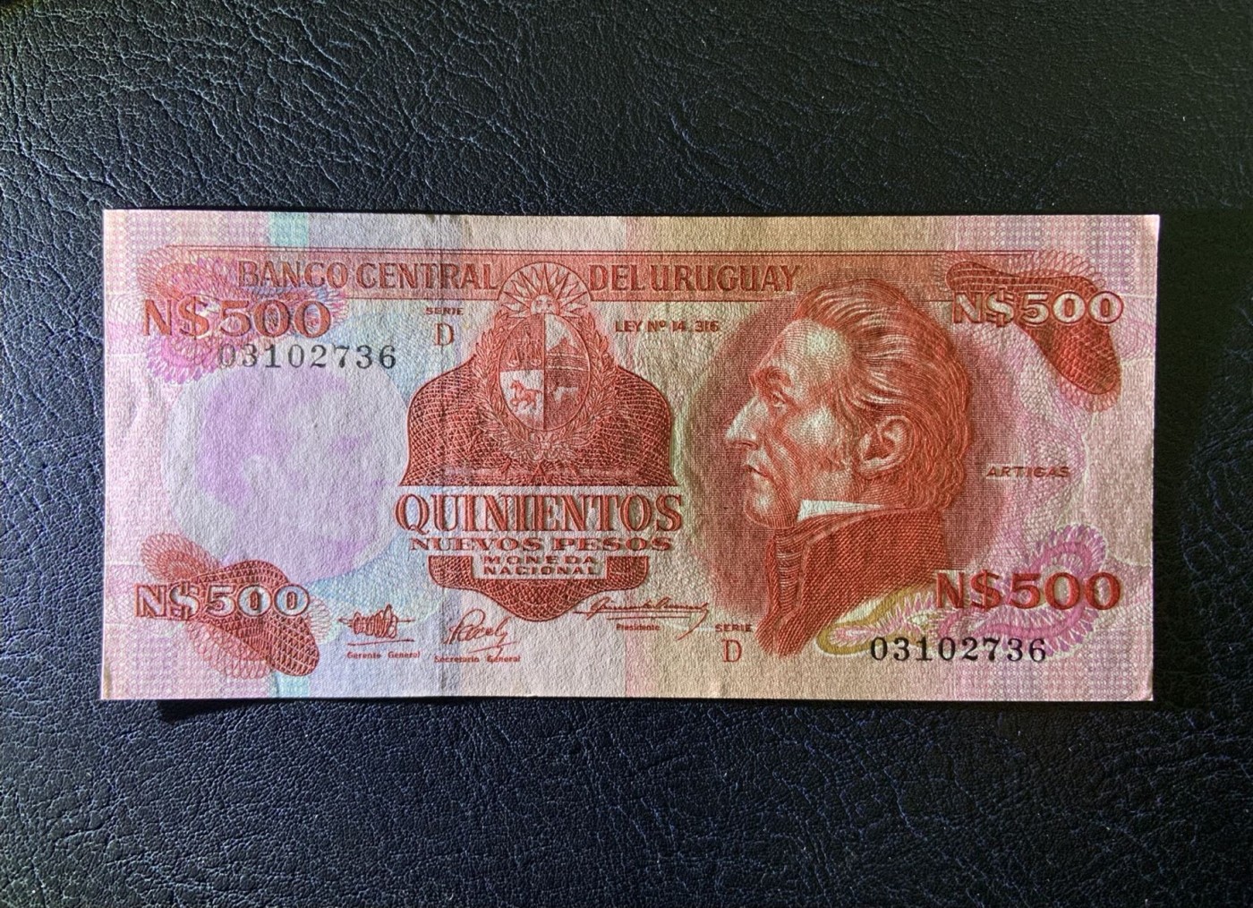 收藏联盟Quantum Auction 第315期拍卖  乌拉圭1991年500比索 品相UNC- 早期纸质版 双面雕刻