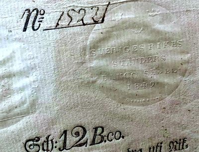 【Blue Auction】✨世界纸币精拍第413期【精】 【无47 文物级别 带王国皇冠水印 大票副 带E难得 仅2张更高分】瑞典王国 贝尔纳多特王朝开国君主卡尔十四时期 1836-49年12Schillingar PMG53EPQ 手签实钞 带钢戳防伪 可遇不可求的品种 国外大拍也罕见品相如此好的原票 近200年带EPQ很难保存非常非常罕见