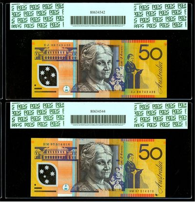 【Blue Auction】✨世界纸币精拍第413期【精】 【一组2张 Rickey旧藏 R518a&b不同版本】澳大利亚 1997-98年50元 PCGS35EPQ-35绿标