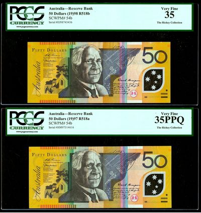 【Blue Auction】✨世界纸币精拍第413期【精】 【一组2张 Rickey旧藏 R518a&b不同版本】澳大利亚 1997-98年50元 PCGS35EPQ-35绿标