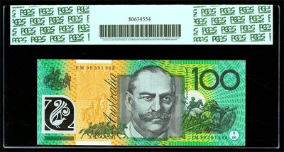 【Blue Auction】✨世界纸币精拍第413期【精】 【无47 R618b】澳大利亚 1999年100元 PCGS58EPQ绿标 