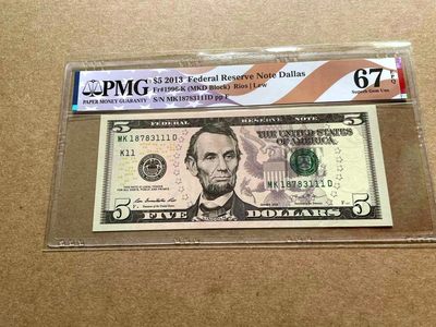 【Blue Auction】✨世界纸币精拍第413期【精】 【111豹子号】美国 2013年5美金 PMG68EPQ 高分