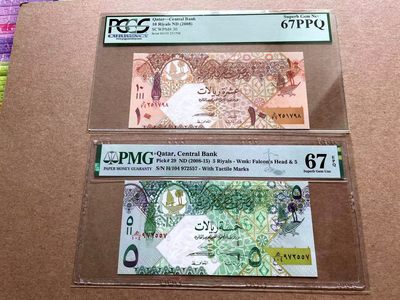 【Blue Auction】✨世界纸币精拍第413期【精】 【一组2张】卡塔尔 2008-15年5-10里亚尔 PMG67EPQ/PCGS67EPQ 