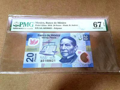 【Blue Auction】✨世界纸币精拍第413期【精】 【AAA冠无47】墨西哥 2016年20比索 PMG67EPQ 高分
