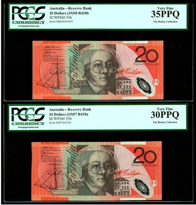 【Blue Auction】✨世界纸币精拍第413期【精】 【一组2张 Rickey旧藏 R418a&b不同版本】澳大利亚 1997-98年20元 PCGS35EPQ-30EPQ绿标