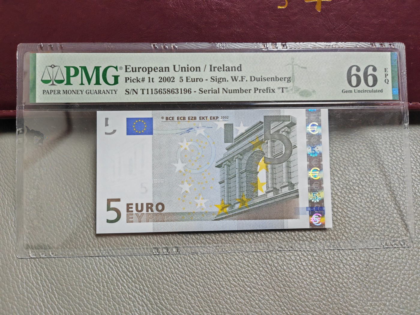 欧盟纸币Euro T冠爱尔兰版一签5欧元纸币PMG66分