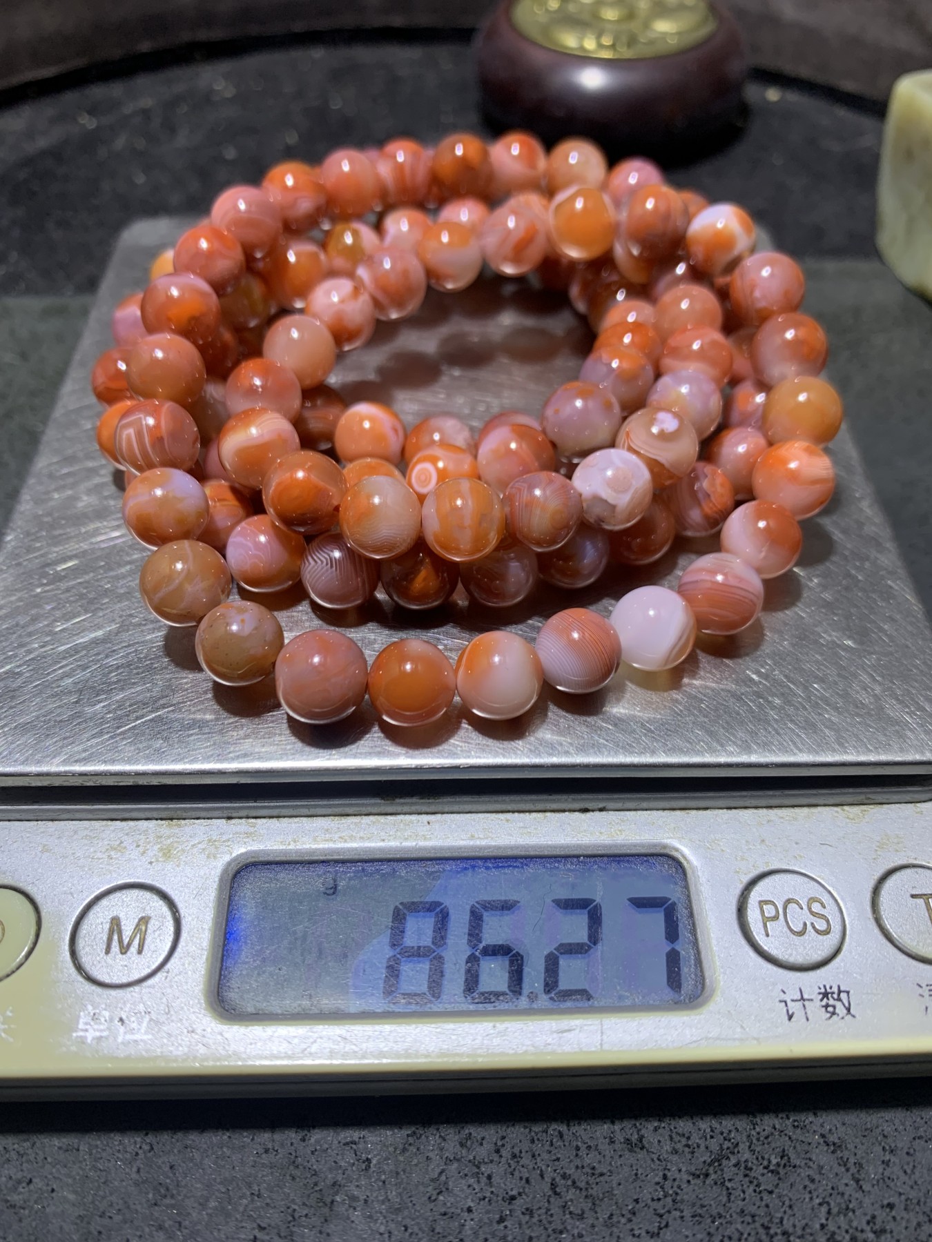 川料南红玛瑙冰飘柿子红多圈手串一条，
