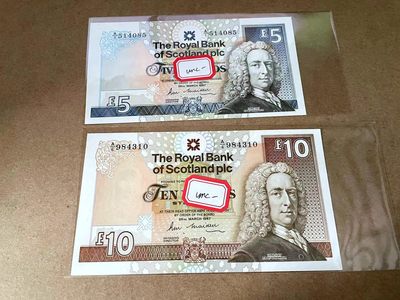 【Blue Auction】✨世界纸币精拍第413期【精】 【一组2张 包含A/1冠】苏格兰 大卷毛1987年5-10镑 UNC- 