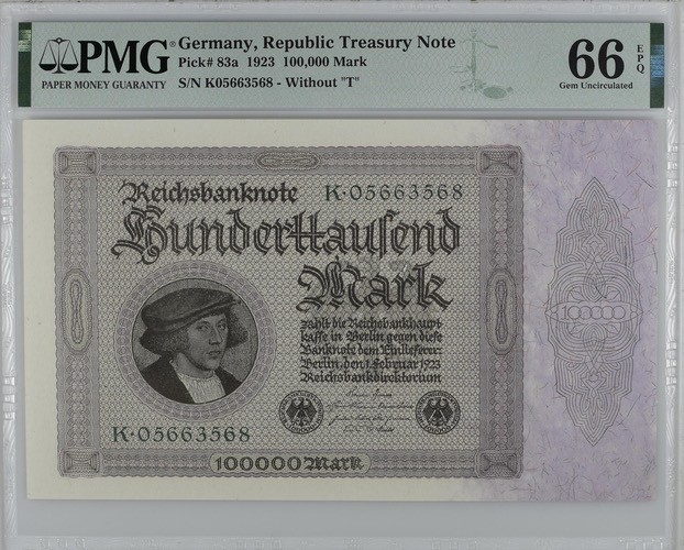 🌗乐淘淘世界纸币收藏拍卖 第37期🌓 【K05663568】德国1923年纸币 100000马克 无47 百年老钞 PMG66EPQ 亚军分