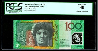 【Blue Auction】✨世界纸币精拍第413期【精】 【初版 R616】澳大利亚 1996年100元 PCGS30绿标 