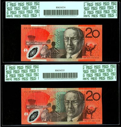【Blue Auction】✨世界纸币精拍第413期【精】 【一组2张 Rickey旧藏 R418a&b不同版本】澳大利亚 1997-98年20元 PCGS35EPQ-30EPQ绿标