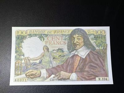 【Blue Auction】✨世界纸币精拍第413期【精】 【倒置号】法国 1944年100法郎 笛卡尔 UNC- 轻微荧光