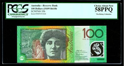 【Blue Auction】✨世界纸币精拍第413期【精】 【无47 R618b】澳大利亚 1999年100元 PCGS58EPQ绿标 