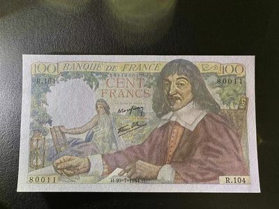【Blue Auction】✨世界纸币精拍第413期【精】 【倒置号】法国 1944年100法郎 笛卡尔 UNC- 轻微荧光