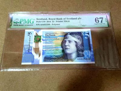 【Blue Auction】✨世界纸币精拍第413期【精】 【AA冠无47】苏格兰 2016年5镑 PMG67EPQ 高分