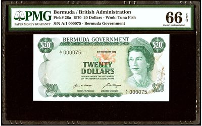 【Blue Auction】✨世界纸币精拍第413期【精】 【A/1首发冠 75极小号少见】百慕大 1970年20元 PMG66EPQ 高冠女王 背面大场景 老壳子 