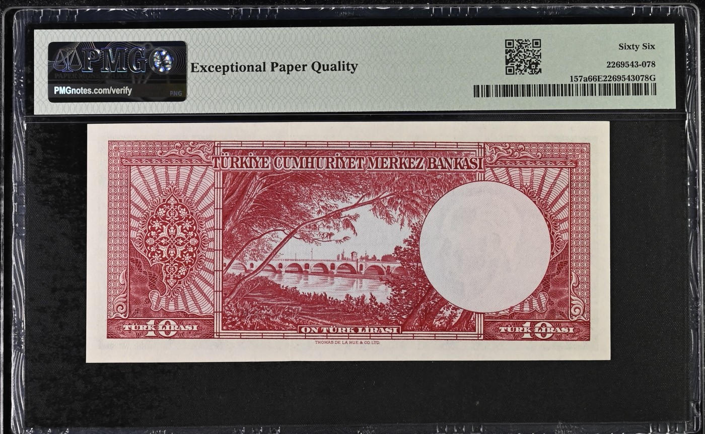 🌗乐淘淘世界纸币收藏拍卖 第37期🌓 【S11 61596】土耳其1930（1952）年纸币 10里拉 无47 稀少品种 PMG66EPQ 冠军分！