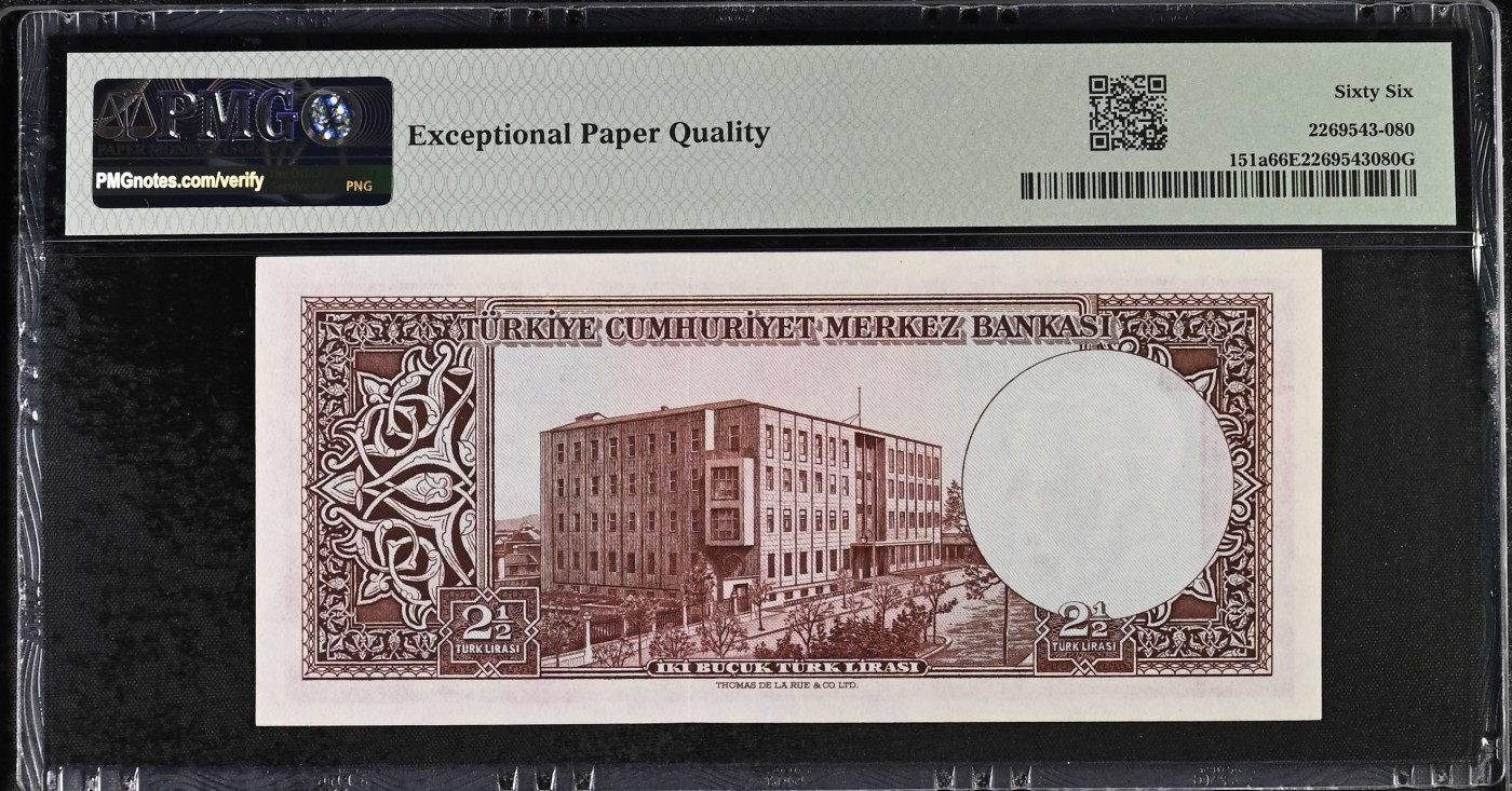 🌗乐淘淘世界纸币收藏拍卖 第37期🌓 【U6 73755】土耳其1930（1955）年纸币 2 1/2里拉 稀少品种 PMG66EPQ 亚军分