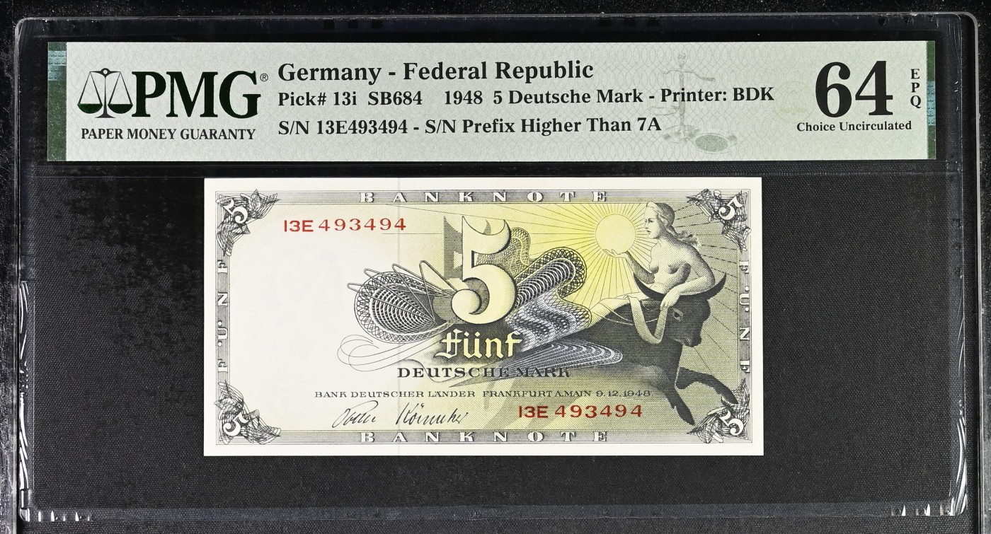🌗乐淘淘世界纸币收藏拍卖 第37期🌓 【13E493494】德国1948年纸币 5马克 欧罗巴女神 PMG64EPQ