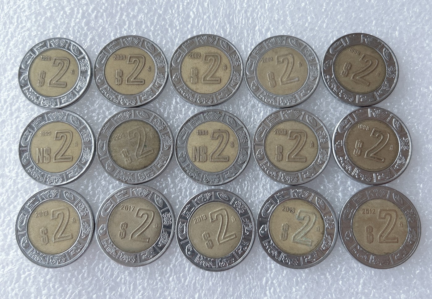 全场一元起拍 世界散币、银币专场 第52期 墨西哥2比索 鹰叼蛇 双色币双金属硬币 15枚