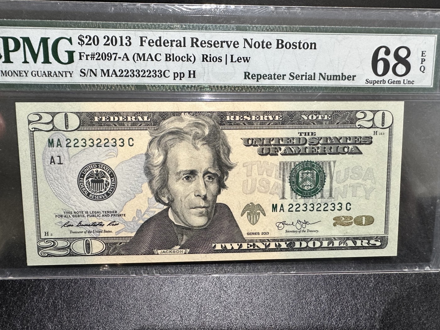 《外钞收藏家》第三百二十七期（连拍第四场） 2013年美国20美元 PMG68 重复号 靓号