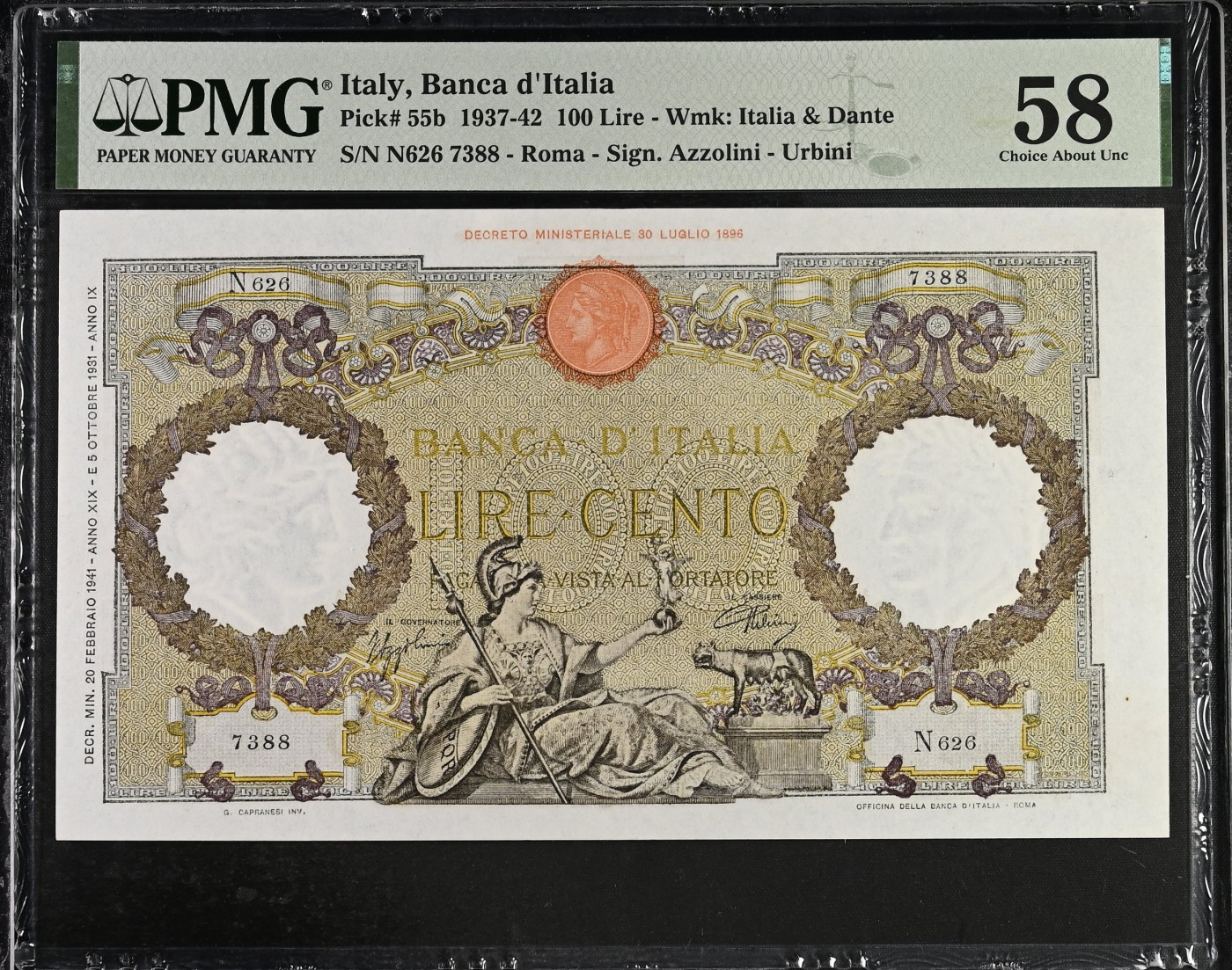 🌗乐淘淘世界纸币收藏拍卖 第37期🌓 【N626 7388】意大利1937-42年纸币 100里拉 精美大票幅 尾88 PMG58