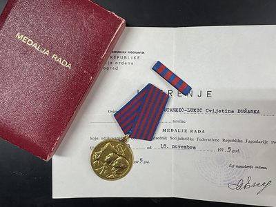 欢庆元旦，戎马世界章牌大赏第57期，元旦专场第二场 - 南斯拉夫劳动奖章，带证实发，盒略齐全，章体品相很好