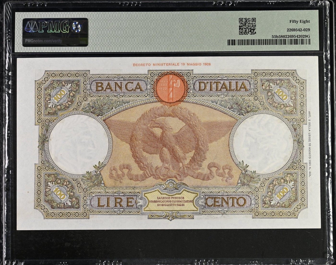 🌗乐淘淘世界纸币收藏拍卖 第37期🌓 【N626 7388】意大利1937-42年纸币 100里拉 精美大票幅 尾88 PMG58