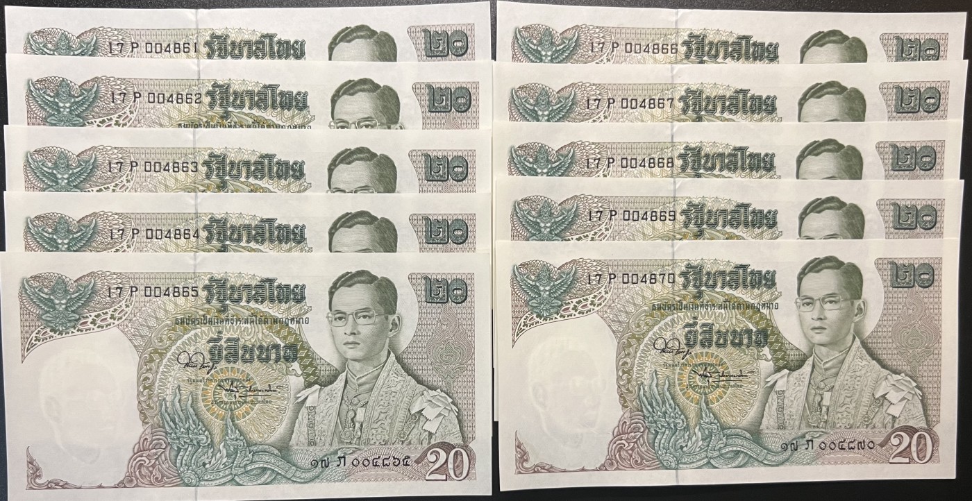 🌗乐淘淘世界纸币收藏拍卖 第37期🌓 【刀拆十连】泰国1971年纸币十张 20泰铢 龙舟 部分边缘有斑 UNC