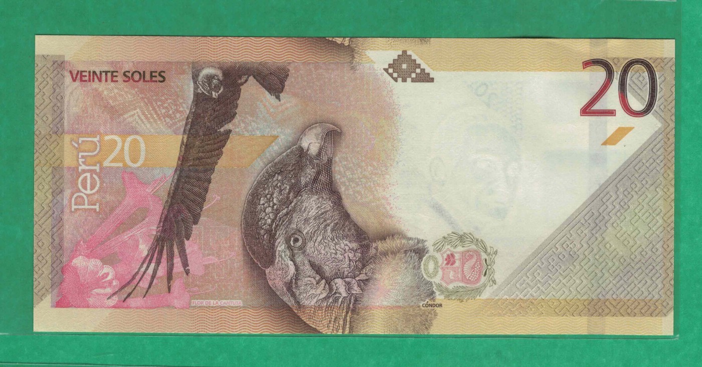 秘鲁2019年(2022年)20索尔 YA补号冠(补号钞) 无4 美洲纸币 实物图 UNC